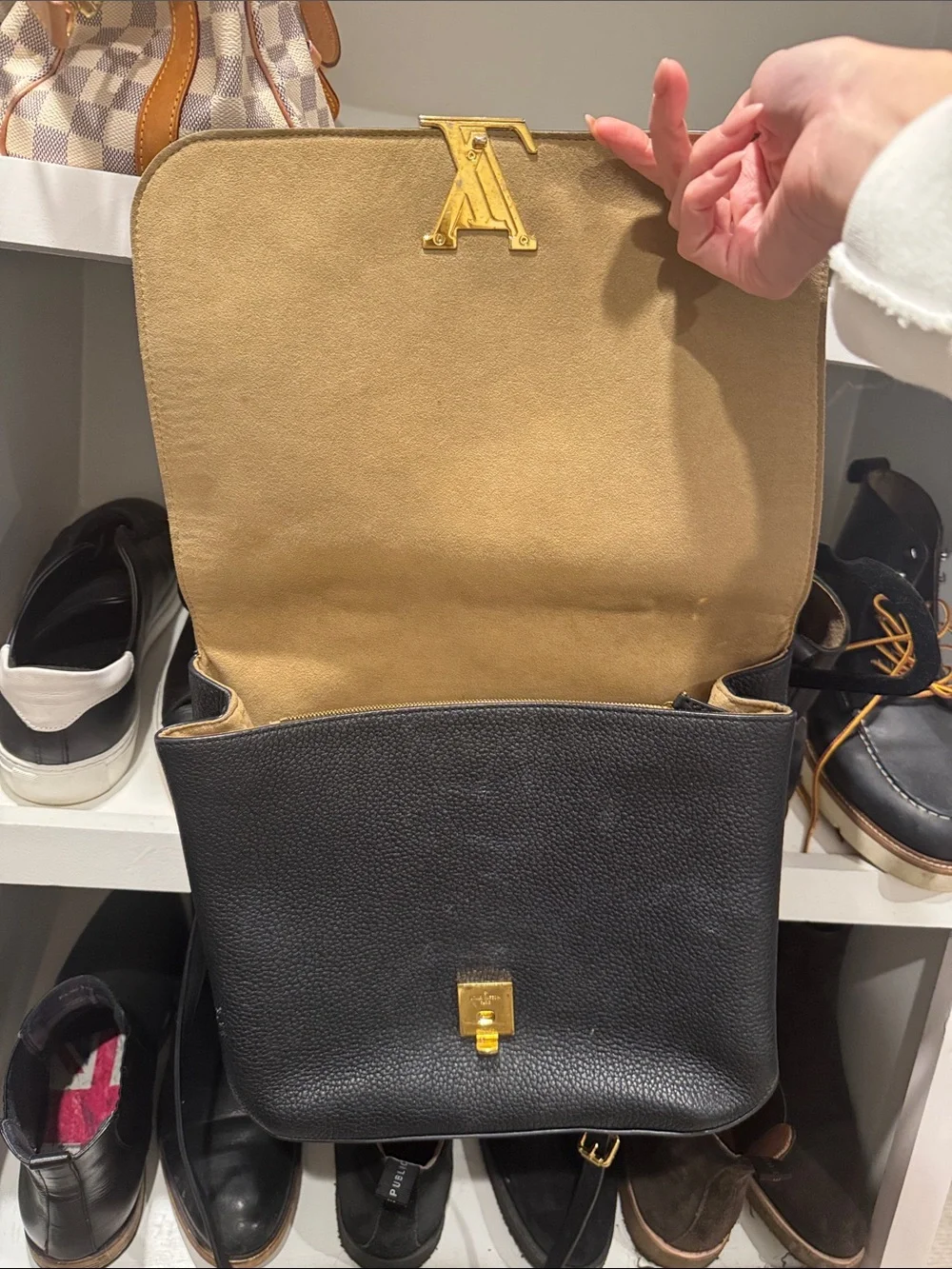 Louis Vuitton Black Pebbled Leather Satchel with Gold Hardware